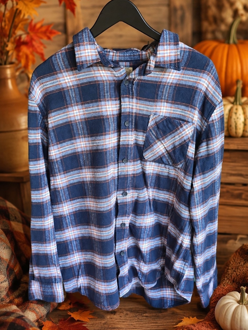 Men's Navy Blue Plaid Button-Down Shirt - Casual Long Sleeve